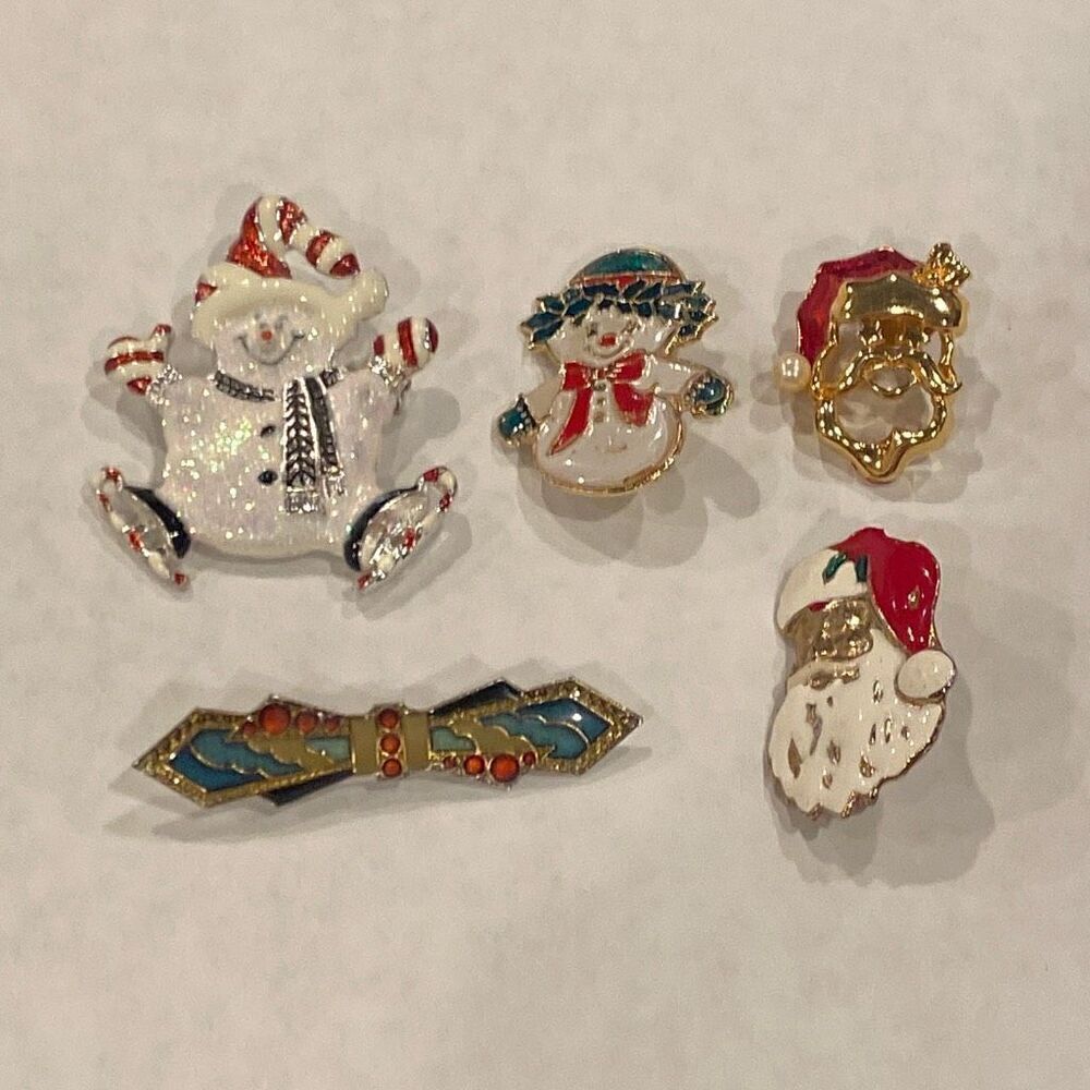Christmas Brooches Holiday Bundle Lot of 5 Pins Santa Snowman Bow